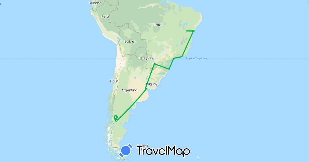 TravelMap itinerary: driving, bus in Argentina, Brazil, Paraguay, Uruguay (South America)